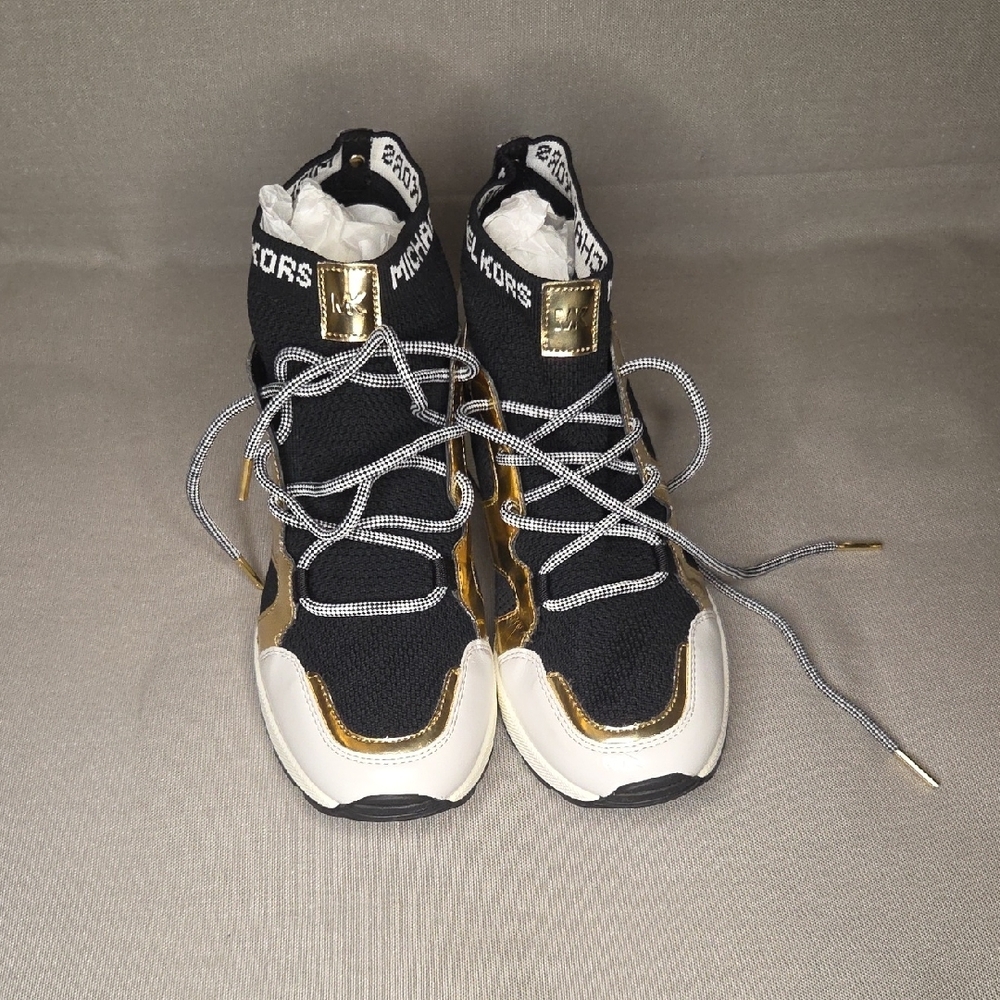 Michael Kors Hilda Knit & Leather Sock Wedge Heel Lace Up Trainers Sneakers - Picture 2 of 13